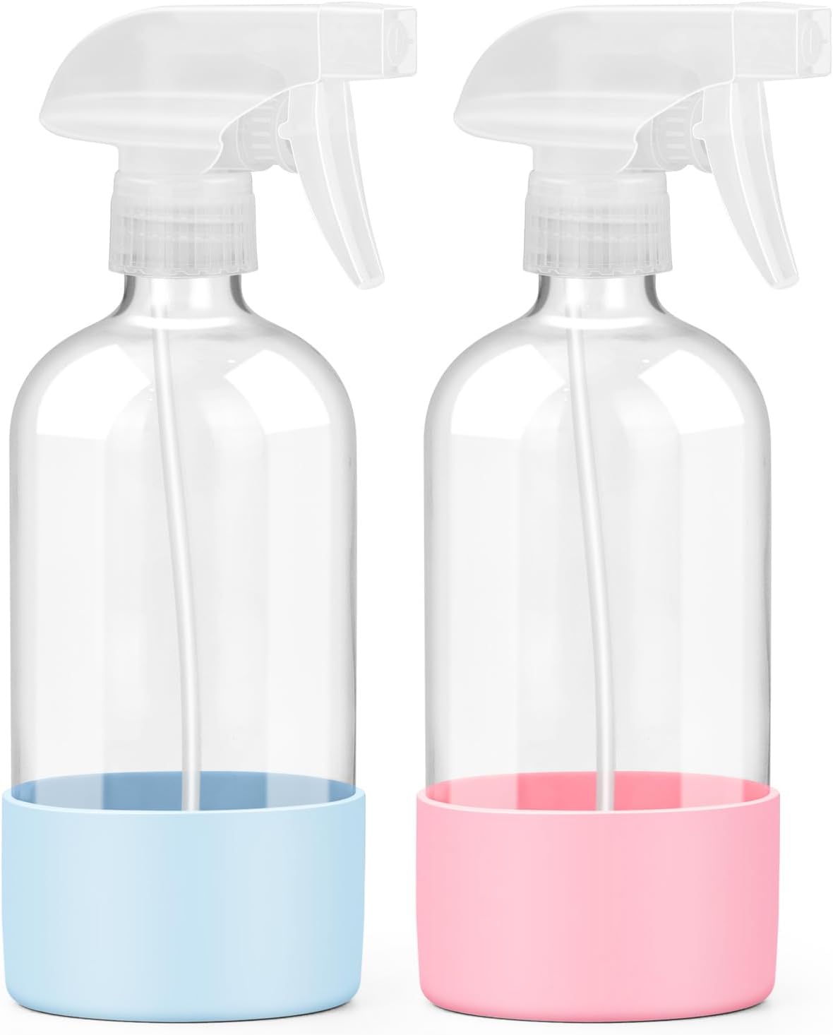 2 Pack Glass Spray Bottles with Silicone Sleeve, 16 oz Empty Refillable Containers with Adjustable Spray Nozzles, Spray Bottles for Hair, Cleaning Solutions and Plants Blue&Pink