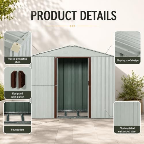 8 x 4 FT Outdoor Storage Shed, Metal Garden Shed with Floor Frame, Tool Shed Outdoor Storage with Lockable Sliding Doors & Air Vents, Storage House Waterproof for Backyard, Lawn, White