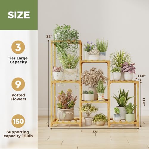 Bamworld Bamboo Plant Stand Indoor Boho Plant Shelf Tiered Plant Rack