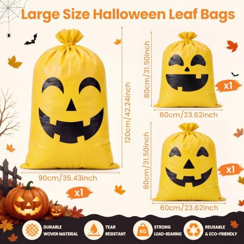 Pajean 3 Pcs Halloween Pumpkin Leaf Lawn Bags Reusable Woven Fall Yard