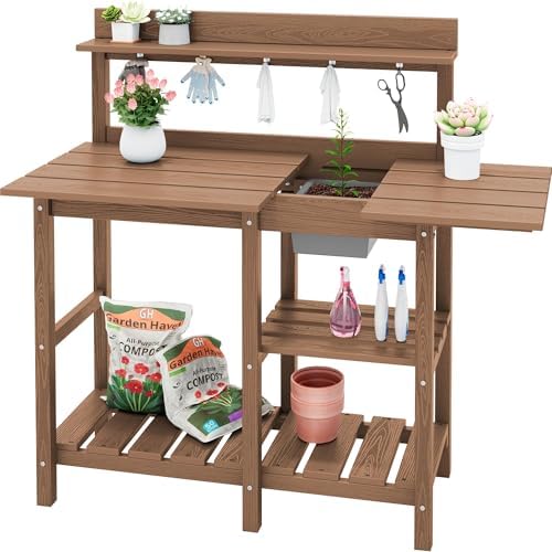 SERWALL Outdoor Potting Bench with Removable Sink,Gardening Table,Brown