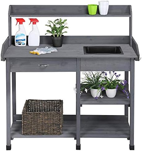 Topeakmart Outdoor Potting Bench with Sink for Patio, Garden Table, Gray