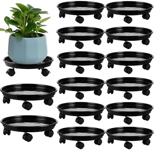 12 Packs Plant Caddy with Wheels 11.8" Plastic Rolling Plant Dolly Coasters Heavy-duty Wheeled Planter Mover Rollers Indoor Outdoor Wheeled Flower Pot Base Saucers with Casters, Black