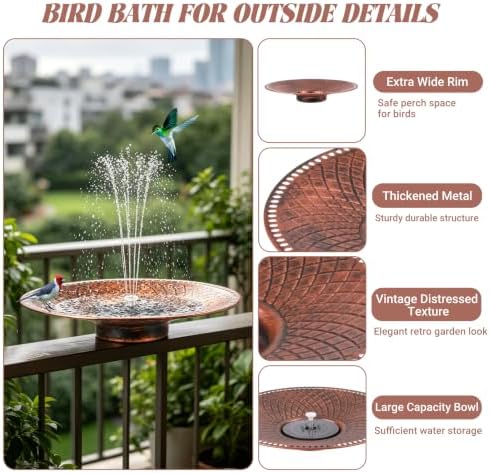 19.6" Large Bird Bath with Solar Fountain, LED & Battery Metal Birdbath