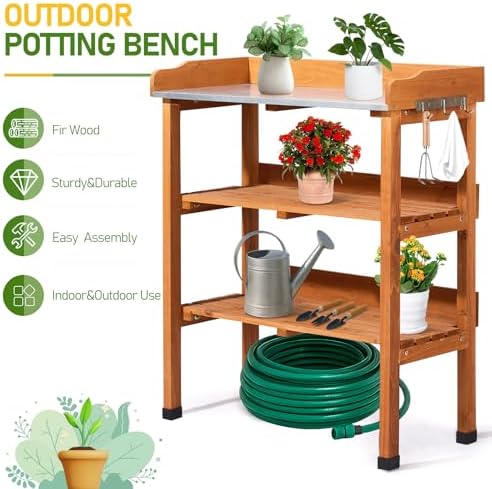 Outdoor Garden Potting Bench Table Work Bench with 2-Tier Storage Shelf, Metal Tabletop, 3 Hooks for Horticulture, Natural Wood