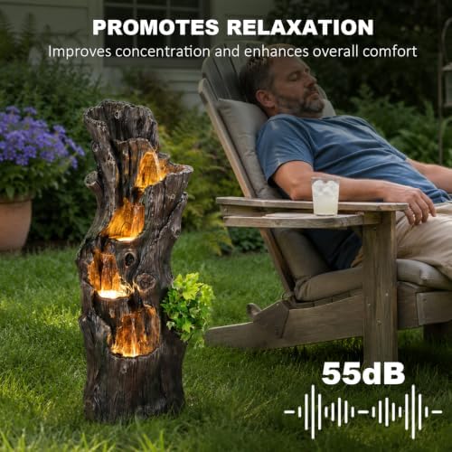 Outdoor Tree Stump Water Fountain with LED Lights Cascading Waterfall