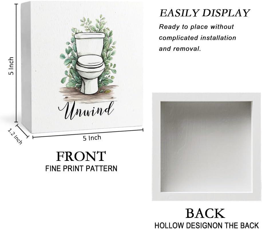 Unwind Funny Bathroom Wooden Box Sign, Eucalyptus Botanical Wood Signs for Restroom Bathroom Toilet Half Bath Shelf Counter Decor, 5x5 Inch