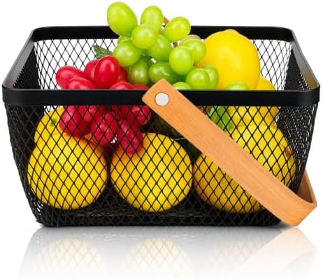 Tebery 2 Pcs Small Wire Mesh Basket with Handle, Metal Fruit Storage Organizer Bin, Grocery Shopping Harvest Market Baskets for Kitchen Counter, Pantry, Picnic, Bathroom, Black