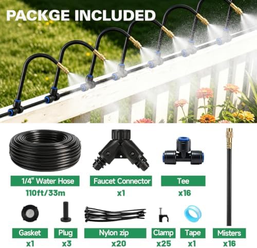 Riboud 110Ft Drip Irrigation System, 2026-Upgrade Garden Watering Kit with 16 Adjustable Copper Rotating Arm Nozzles, 360° Flexible Spray Irrigation Kit for Raised Beds, Lawn, Greenhouse