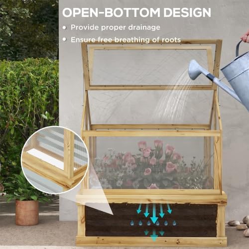Outsunny Wooden Raised Garden Bed with Polycarbonate Greenhouse, Natural