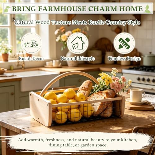 Garden Hod Harvest Basket, Wooden Garden Harvest Basket with Metal Mesh, Vegetable Gathering Basket for Fruit Picking, Rinse & Drain Gardening Basket for Kitchen, Picnic, Farmhouse Decor-Small