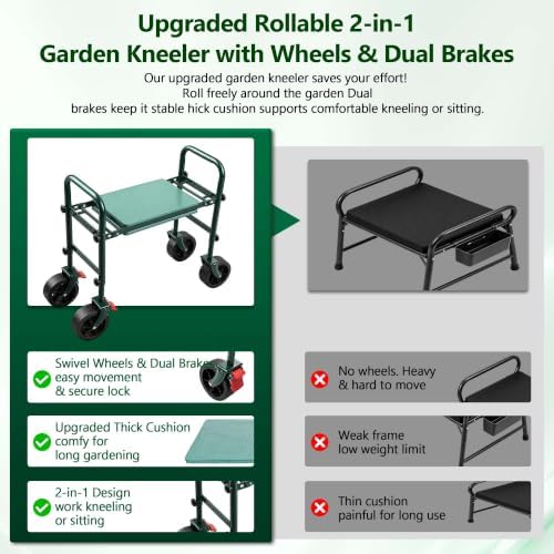 Foldable Garden Seat with 360° Swivel Brake Reversible Wheels