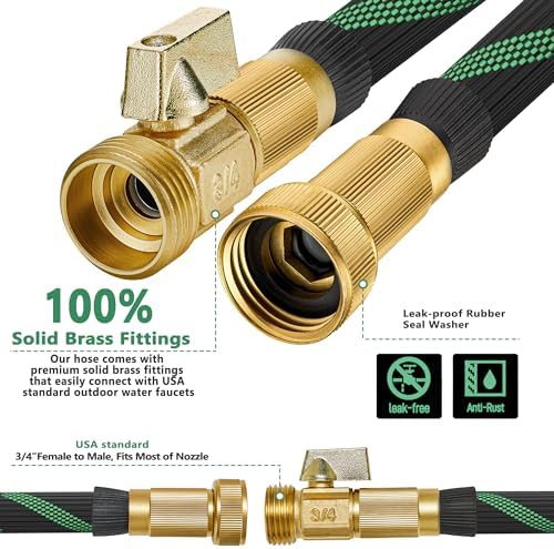 100FT Garden Hose, Solid Brass 3/4", Leak-Proof, 10-Pattern Nozzle