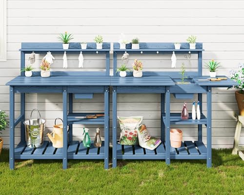 SERWALL Outdoor Potting Bench Set of 2 with Sink,Gardening Table,Blue