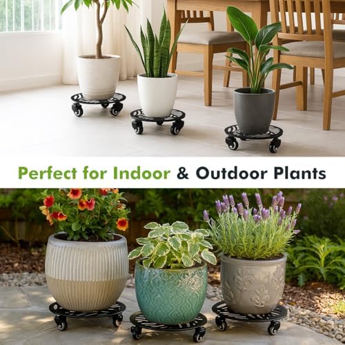 1 Pack 13 inches Metal Plant Caddy with Wheels Heavy-Duty Large Iron Rolling Plant Stand with Casters Indoor Outdoor Wheeled Plant Roller Base Pot Movers Plant Dolly Coaster Trolley Black