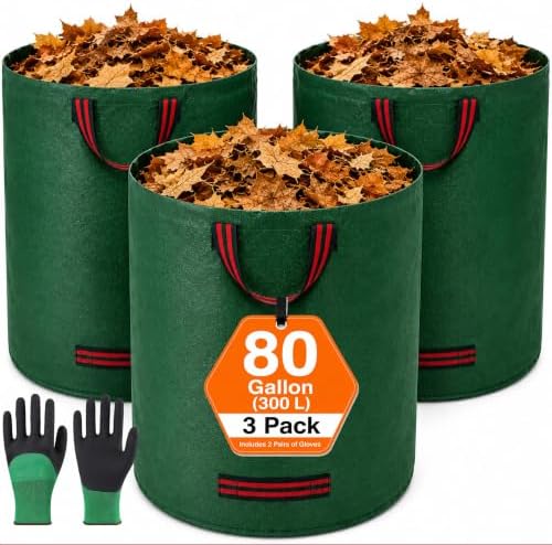 3-Pack 80 Gallon Yard Waste Bags with 2 Pairs Gardening Gloves, Heavy Duty Reusable Lawn Leaf Bags, 300L Collapsible Self-Standing Garden Waste Bags for Leaves, Grass Clippings & Debris