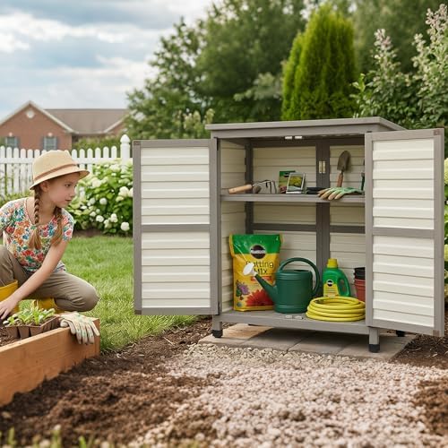 Small Outdoor Storage Cabinet with Shelf,White Wood & Plastic Storage Shed with Waterproof Roof for Backyard, Patio,Garage, Outside Cabinets for Gardening Tools