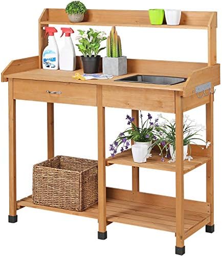 Yaheetech Potting Bench with Sink & Drawer, Outdoor Gardening Table, Wood