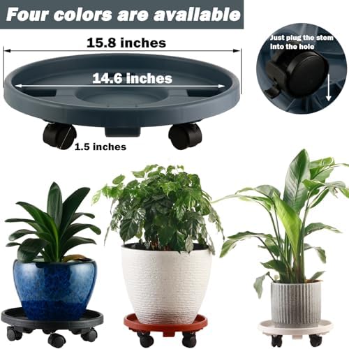 5 Pakcs Large Plant Caddy with Wheels 15.8" Rolling Plant Stands Heavy-duty Plastic Plant Roller Base Pot Movers Plant Saucer on Wheels Indoor Outdoor Plant Dolly with Caster Tray Coaster Grey