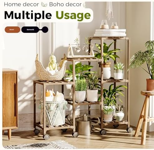 Bamworld Plant Stand with Wheels for Indoor Plants Wood Outdoor Tiered Shelf 3 Tire 7 Potted Ladder Plant Holder Table Pot Stand for Window Garden Balcony Patio Living Room (natureDL)