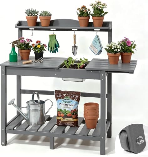 HDPE Outdoor Potting Bench with Sliding Tabletop & Removable Sink