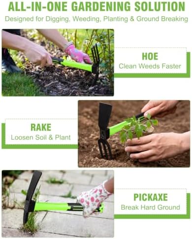 2-Piece Garden Hoe and Cultivator Hand Tool Set - 15" Carbon Steel Weeding Tools Gardening, Heavy Duty Hand Hoe, Rake & Pickaxe Digging Tools for Gardening, No Assembly Required