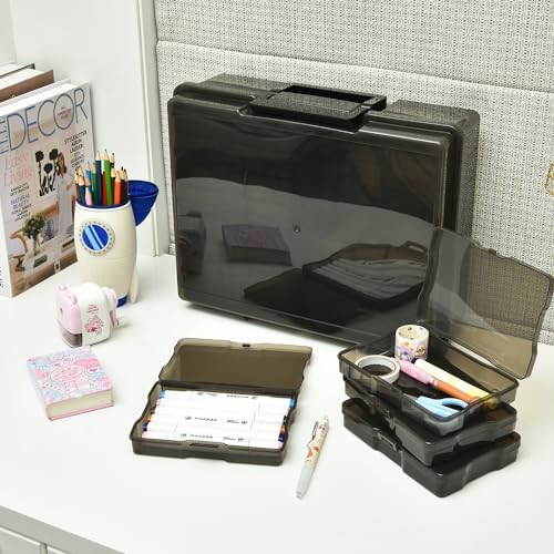 Photo Storage Box with 16 Inner 4" x 6" Photo Case, Portable Storage Organizer with Handle Craft Keeper for Picture, Stickers, Stamps, Screws, Hair Clips, Black