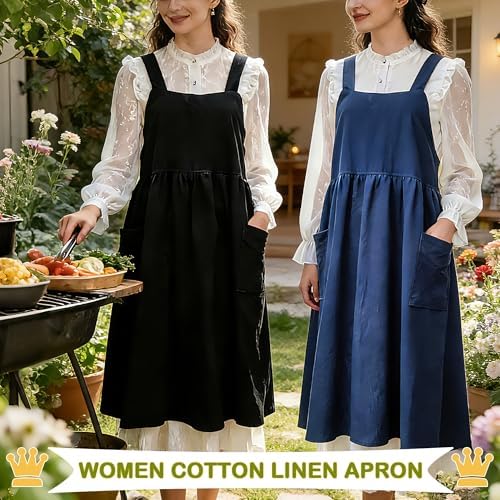 Cotton Linen Apron Cross Back Apron for Women with Pockets Pinafore Dress