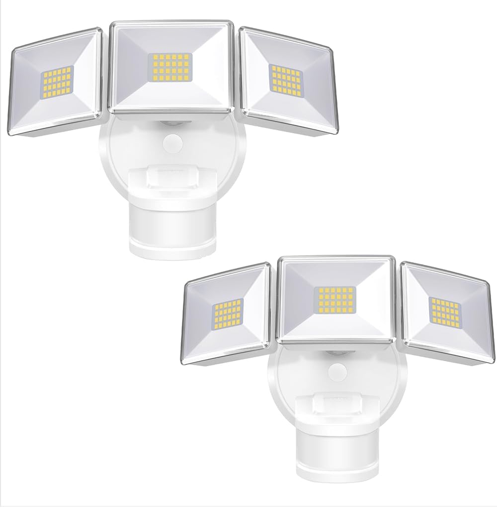 OREiN 2 Pack Motion Sensor Outdoor Lights, 4500LM/30W and 180°/50FT Big Motion Sensor, Dusk to Dawn Flood Lights Outdoor IP65 Waterproof 3 Modes LED Security Light for Garage, Yard, White (Hardwired)