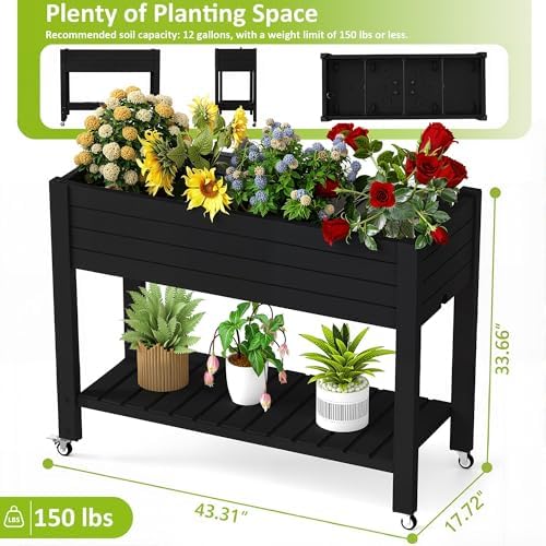Raised Garden Bed, 33.66" Tall Self-Watering Resin Planter Box with Legs & Lockable Wheels Drainage Plug and Gauge for Flowers, Vegetables, Storage Shelf for Tools and Accessories Black