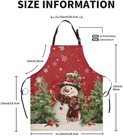 Red Snowman with Cardinal Birds Apron Christmas Kitchen Apron Winter Xmas Aprons with Adjustable Strap Green Xmas Tree Snowflakes Cooking Aprons with Two Pockets for Baking,Crafting, Painting