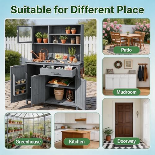 65 Inch Garden Potting Bench with Hutch Top, Gray
