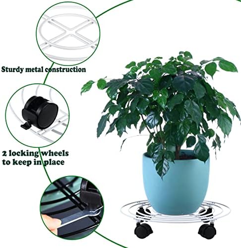 5 Packs Metal Plant Caddy with Locking Wheels 11.8 Inches Heavy-duty Wrought Iron Rolling Plant Stands with Casters Plant Dolly Plant Roller Base for Indoor and Outdoor Plant Pot Movers Saucers White