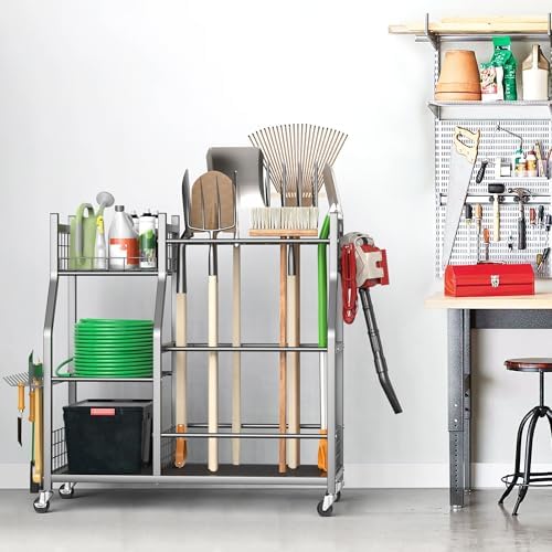 Garden Tool Organizer Stand, Garage Tool Storage Rack with Wheels