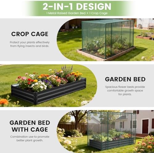 Crop Cage with Raised Garden Bed, 84.6" x 45.3" x 59" Plant Protection Tent Garden Cages with Window, 2 in 1 Galvanized Raised Garden Bed Kit and Mesh Cover for Garden, Yard, Lawn