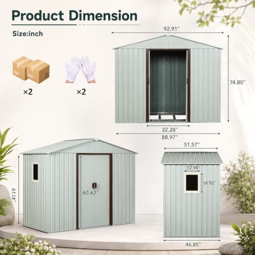 8 x 4 FT Outdoor Storage Shed, Metal Garden Shed with Floor Frame, Tool Shed Outdoor Storage with Lockable Sliding Doors & Window & Air Vents, Storage House Waterproof for Backyard, Lawn, White