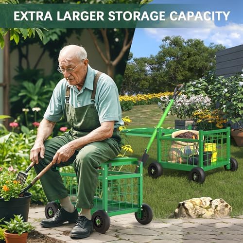 Garden Cart with Seat,3-in-1 Rolling Seat with Wheels for Seniors Gardening