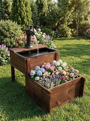 Outdoor Water Fountain，Floor Wooden Rectangular Double-Layer Old-Fashioned Pump Fountain with Flower Box，Plug-in Electric Decorative Hand Pump,Outdoor Water Feature for Garden Patio Backyard