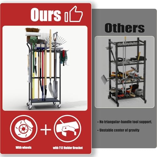 Garden Tool Organizer with Wheels, Rolling Yard Tool Rack with 14 Hooks & 5 Slots, 3-Tier Metal Cart Holds 50+ Rakes/Shovels/Brooms, Mobile Lawn Storage for Garage Shed Outdoor