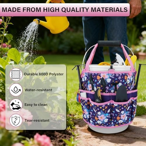 KUNN 5 Gallon Bucket Tool Organizer 18-Pocket Heavy-Duty Bucket Caddy with Hangable Handle & Comfort Grip Pad | Gardening Tool Bag, Garden Organizer Storage Bag Accessory for Gardeners, Purple