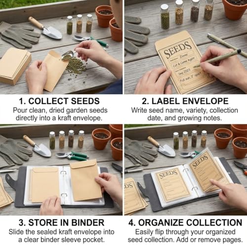 Seed Storage Organizer Binder, Efficient Seed Packet Organizer with 50 Pack Seed Envelopes, PU Garden Seed Holder Book, Seed Binder for Garden Planner, Flower Seed Keeper (Black)