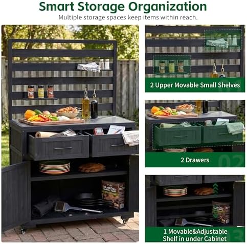 Solid Wood Grill Prep BBQ Table,Garden Potting Bench with Stainless Table Top,3 Movable Shelves and 2 Drawers (Black-LP)