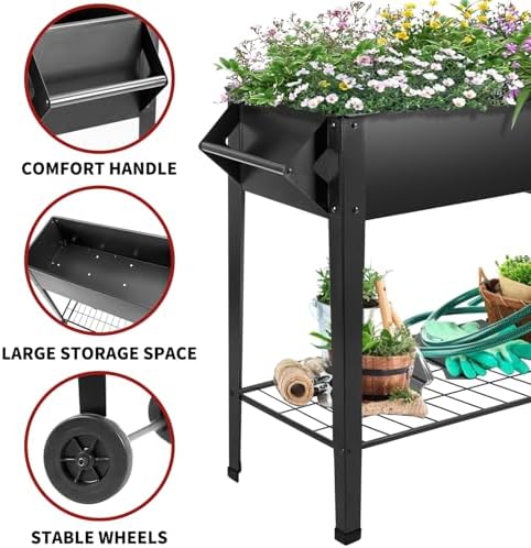 32" Rolling Raised Garden Bed with Wheels, Metal Elevated Planter Box