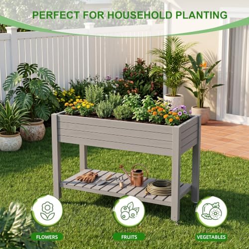 Elevated Resin Raised Garden Bed, 33.7in Height Raised Planter Box with Drainage Holes, Lockable Rotating Wheels & Bottom Storage Shelf, Stake Support, Easy Assembly for Patio Lawn Backyard Balcony