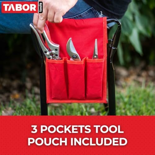 TR2A Garden Kneeler and Seat Bench with Tool Bag Pouch and Foam Pad Cushion, Workseat with Kneeling Bench Option, Light Weight Foldable Stool, Portable Outdoor Kneeler for Gardening.