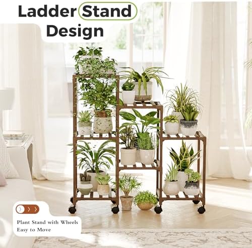 Bamworld Plant Stand with Wheels for Indoor Plants Wood Outdoor Tiered Shelf 3 Tire 7 Potted Ladder Plant Holder Table Pot Stand for Window Garden Balcony Patio Living Room (natureDL)
