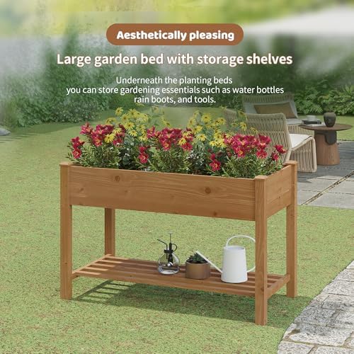 Raised Garden Bed with Legs Elevated Wooden Planter Box Stand Large Planter Stand Box for Fruits Vegetables Flowers with Divider with Bag - 48 * 24 * 30.5IN（Brown）