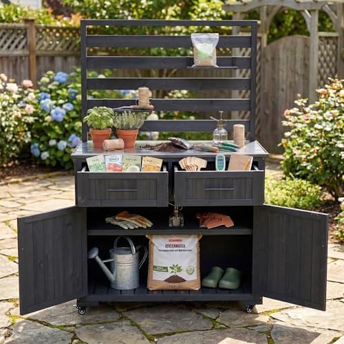 Solid Wood Grill Prep BBQ Table,Garden Potting Bench with Stainless Table Top,3 Movable Shelves and 2 Drawers (Black-LP)