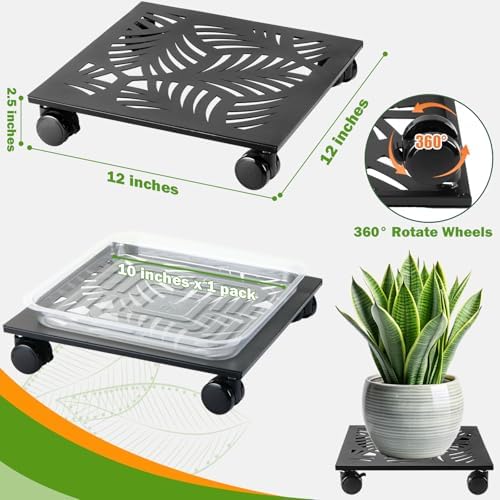 1 Pack 12" Metal Square Plant Caddy with Wheels Large Iron Rolling Plant Stand with Casters Heavy-Duty Plant Dolly Coaster Plant Pot Mover Roller Base for Indoor Outdoor, Black