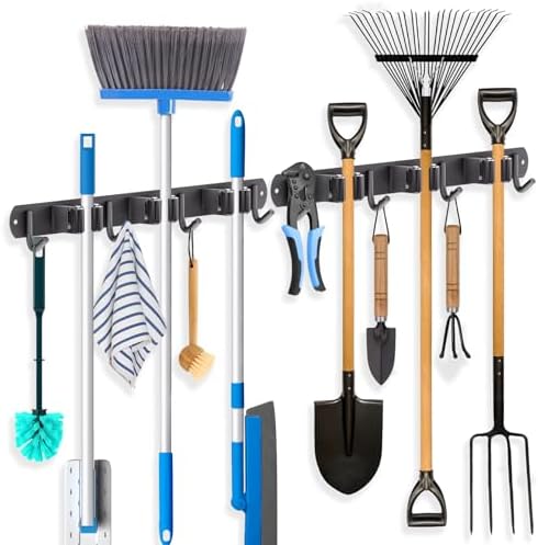 2 Pack Mop Broom Holder Wall Mount 3 Racks 4 Hooks Storage Black